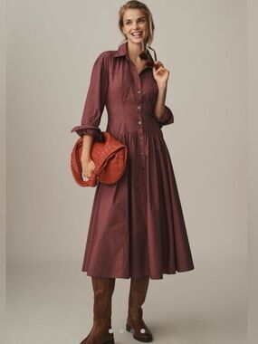 Anthropologie Button-Front Midi Shirt Dress in Wine